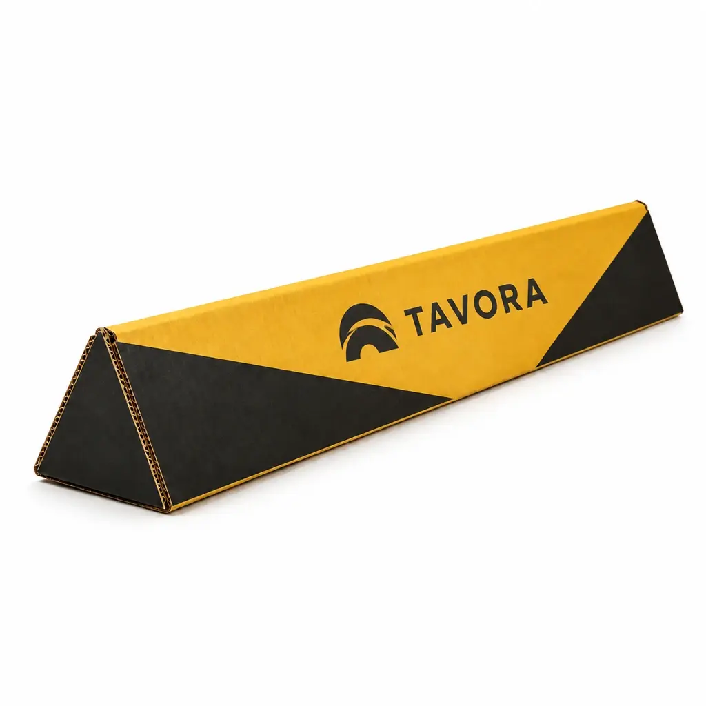 sunflower yellow and black long triangular corrugated prism with TAVORA logo printing on a white background