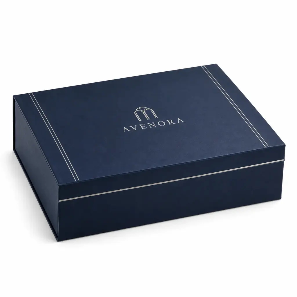 midnight blue and silver wide two-bottle magnetic gift box with AVENORA logo printing on a white background