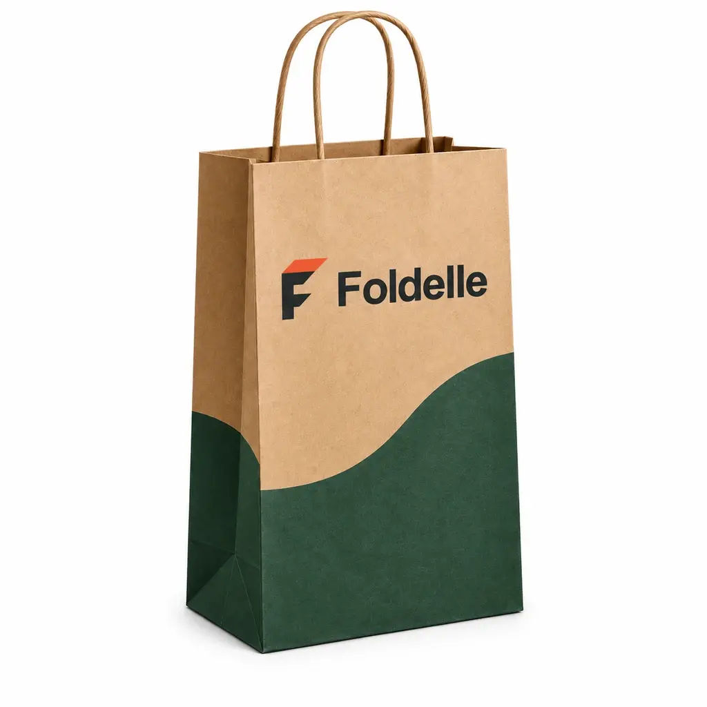 natural kraft and forest green tall rectangular shopping bag with Foldelle logo printing on a white background