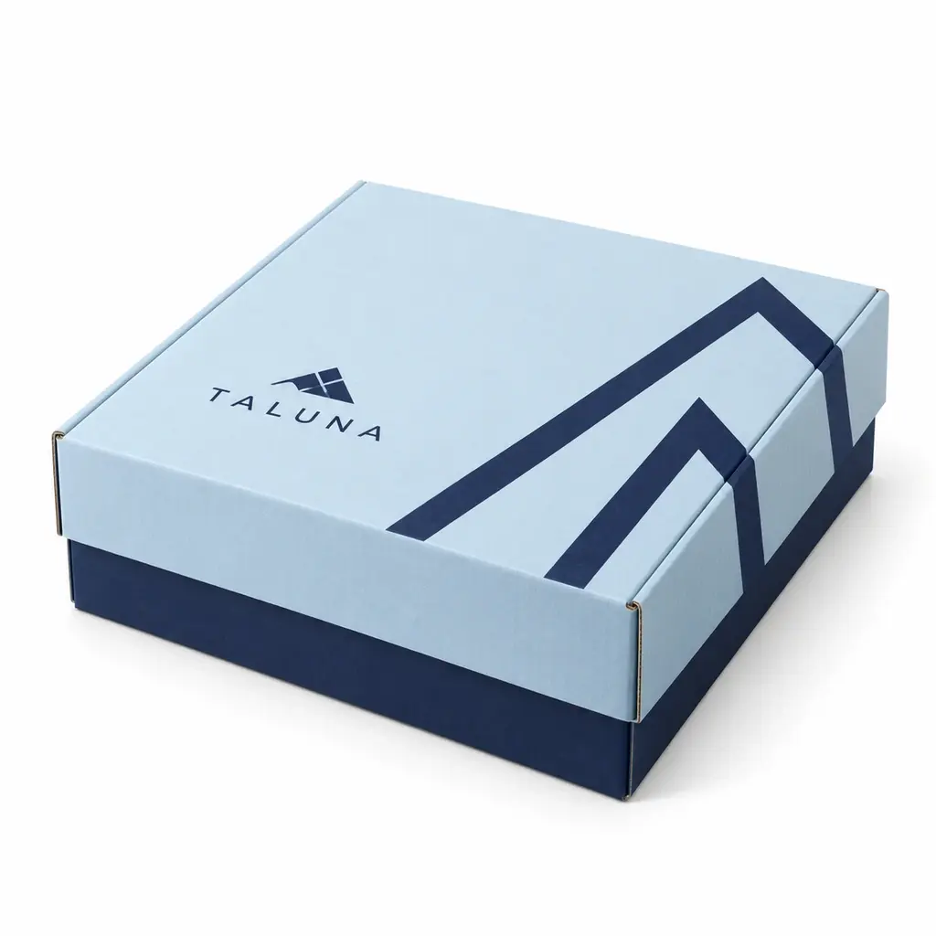 ice blue and navy corrugated postal tray with telescoping lid with TALUNA logo printing on a white background