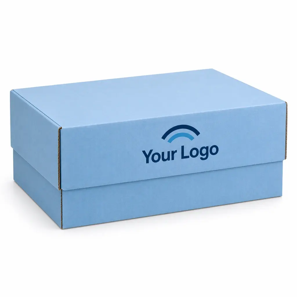ice blue telescoping shipper with Your Logo logo printing on a white background
