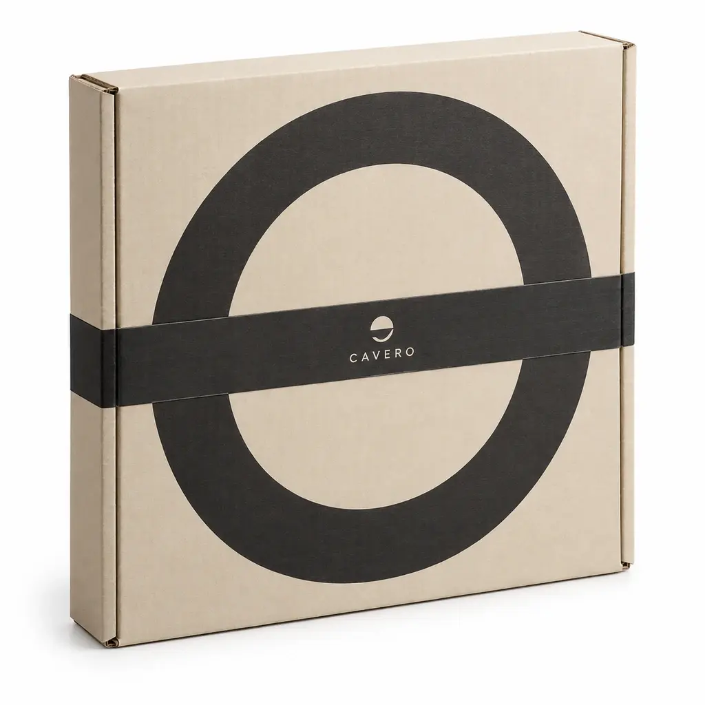 cream and charcoal square multi-depth corrugated record mailer with CAVERO logo printing on a white background