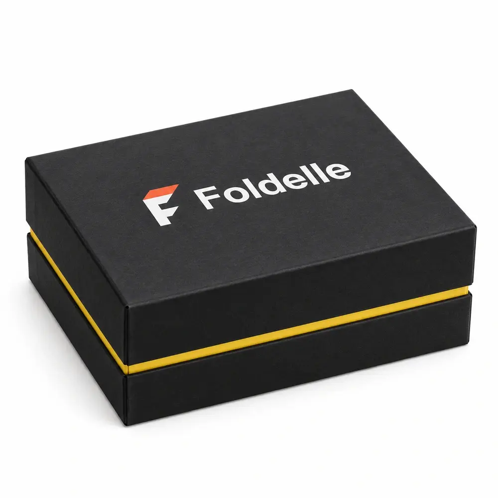 charcoal with lemon yellow accents folding lid & base cartons with Foldelle logo printing on a white background