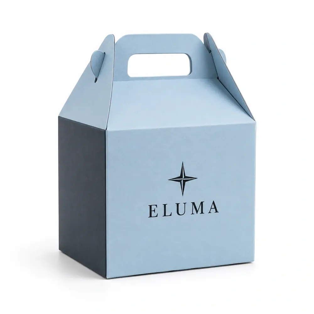 glacier blue with charcoal accents gable gift cartons with ELUMA logo printing on a white background