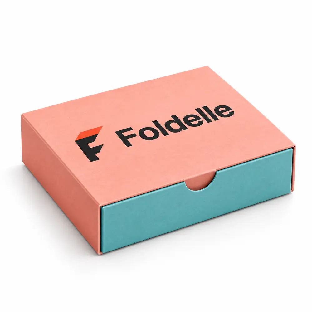 salmon pink with turquoise accents sleeve & tray cartons with Foldelle logo printing on a white background