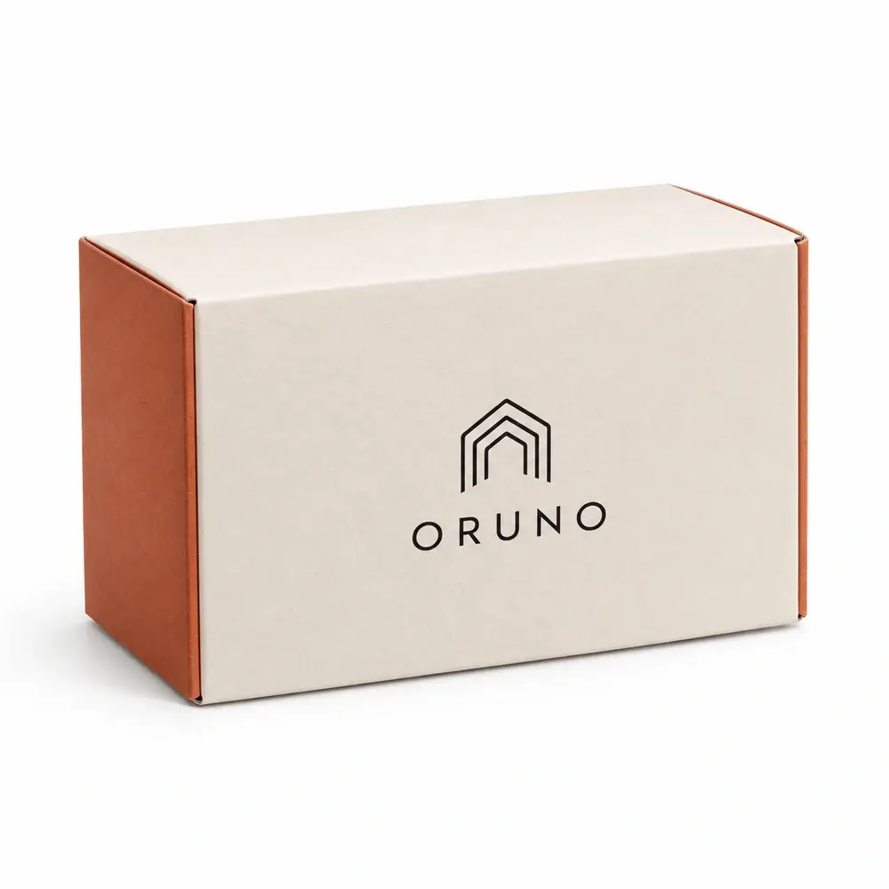 ivory with terracotta accents straight tuck cartons with ORUNO logo printing on a white background