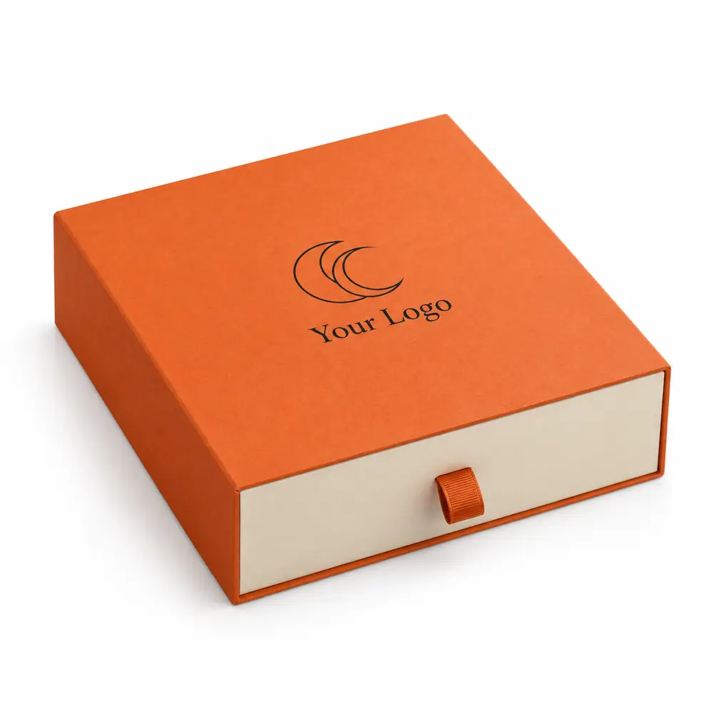tangerine with cream accents drawer presentation boxes with Your Logo logo printing on a white background