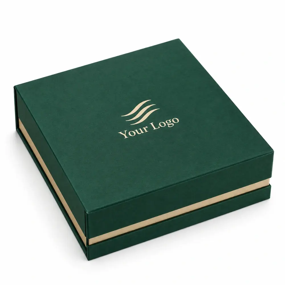 emerald with champagne accents hinged keepsake boxes with Your Logo logo printing on a white background