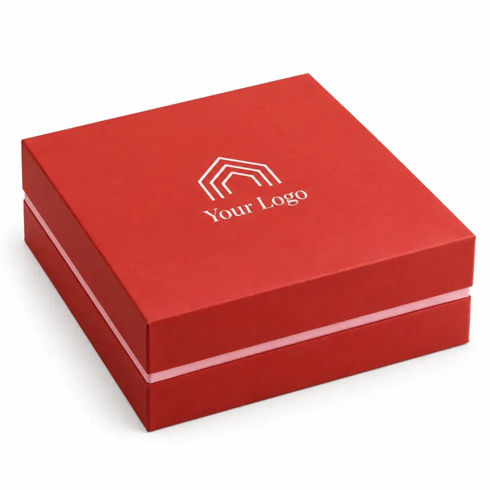 vermillion with pale pink accents lid & base boxes with Your Logo logo printing on a white background