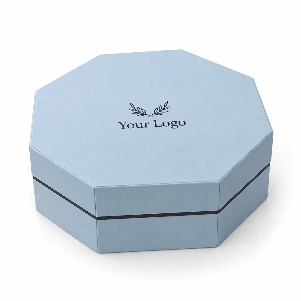 glacier blue with charcoal accents octagonal gift boxes with Your Logo logo printing on a white background