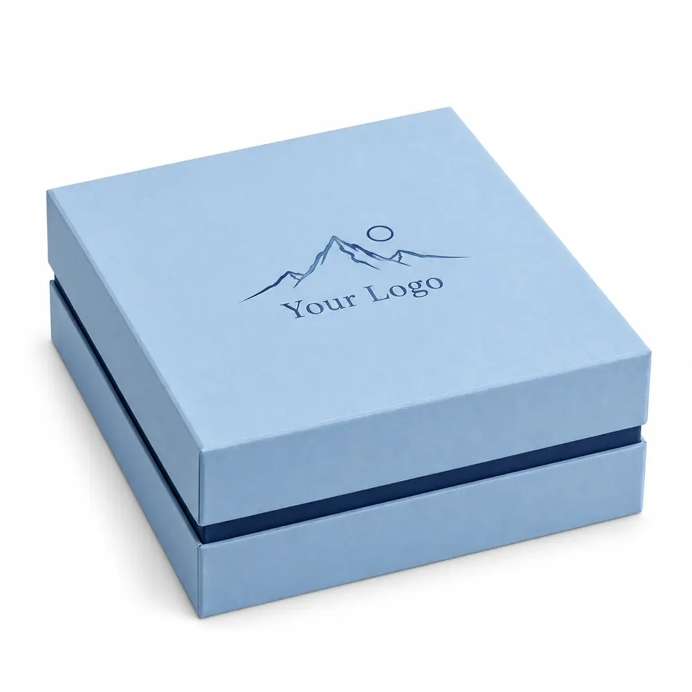 sky blue with navy accents shoulder presentation boxes with Your Logo logo printing on a white background