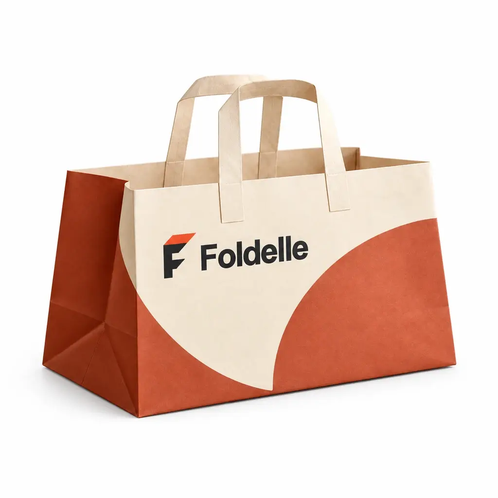 cream and terracotta low wide gusseted carry bag with Foldelle logo printing on a white background