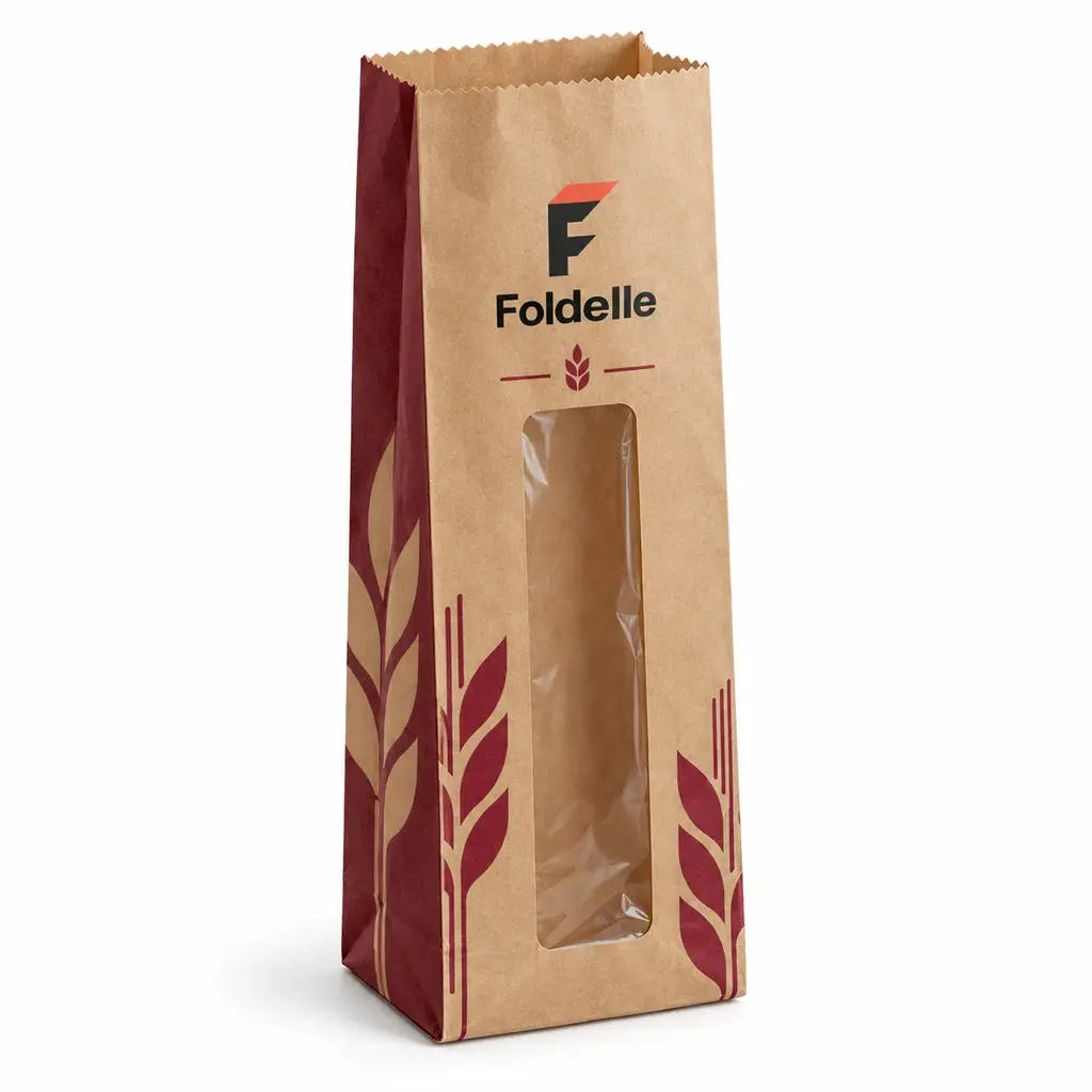 kraft brown and burgundy tall kraft bread bag with narrow window with Foldelle logo printing on a white background