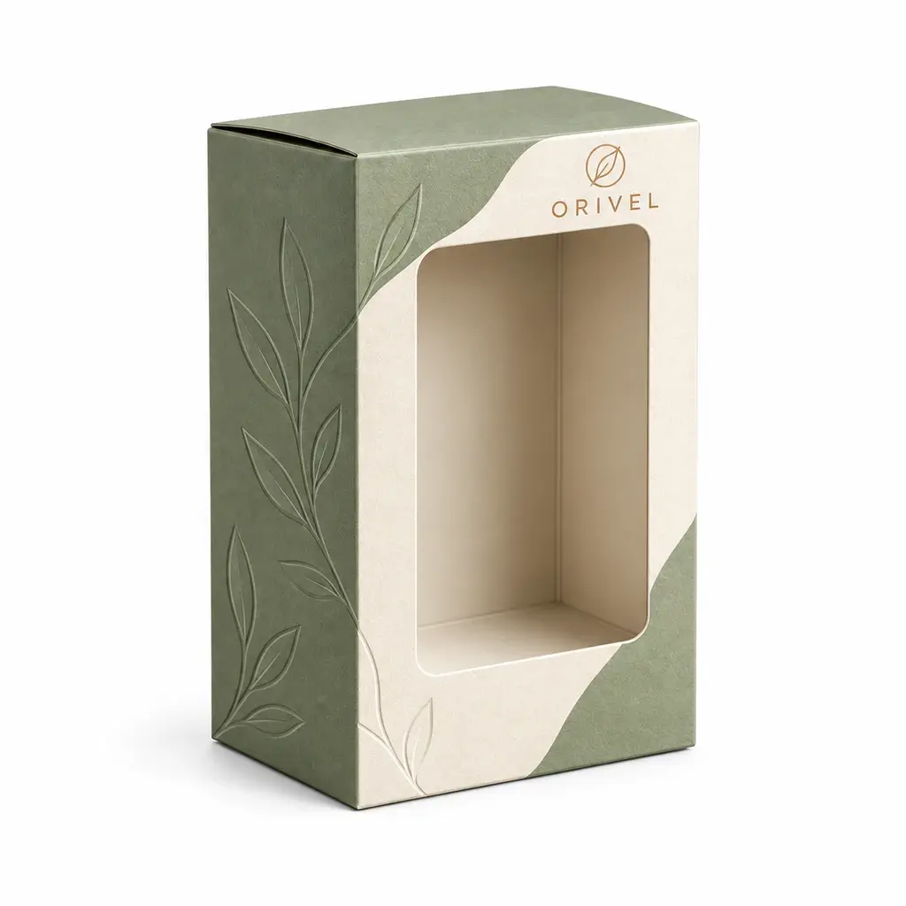 sage and ivory portrait carton with die-cut display window with ORIVEL logo printing on a white background