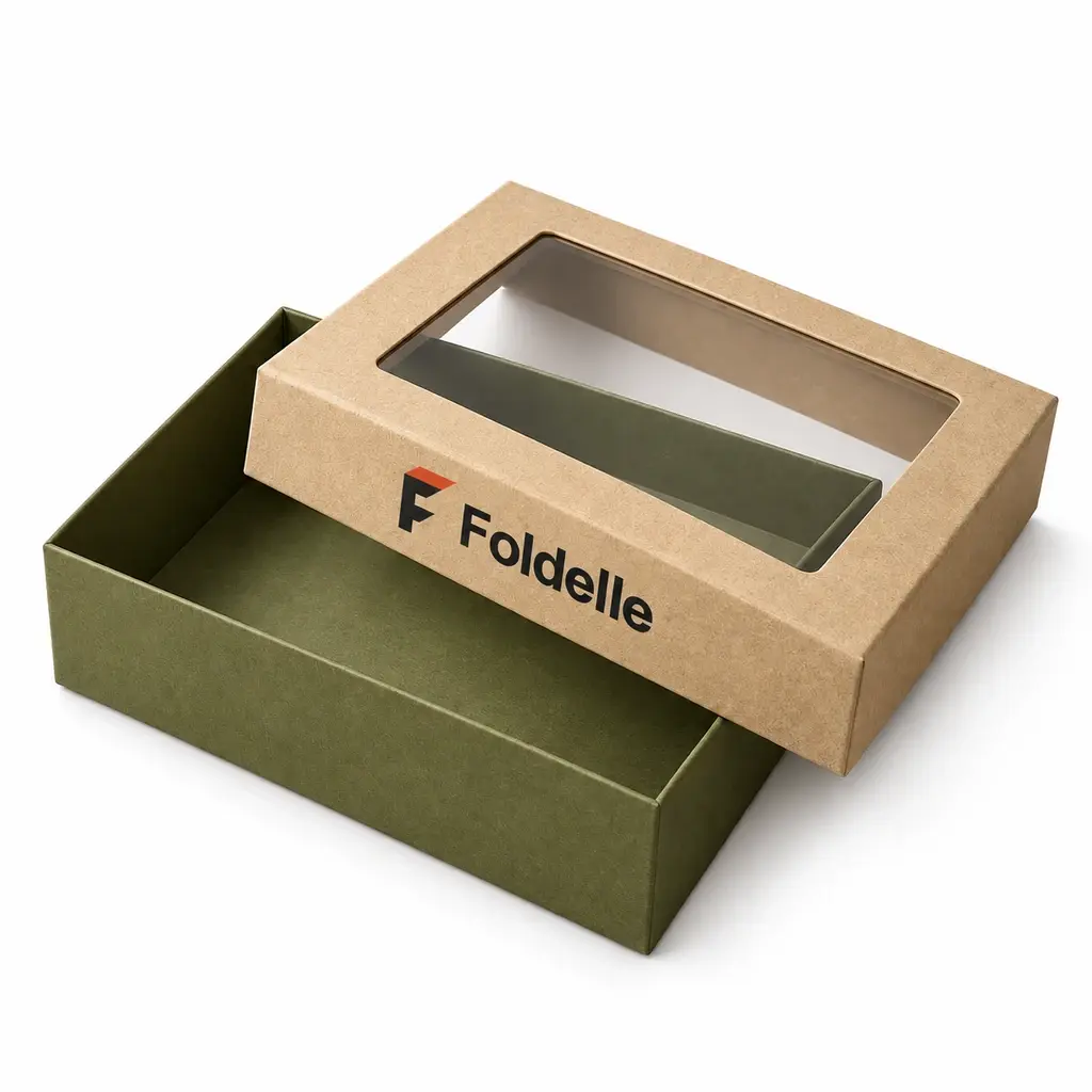 sand and olive rectangular rigid lid with display window with Foldelle logo printing on a white background