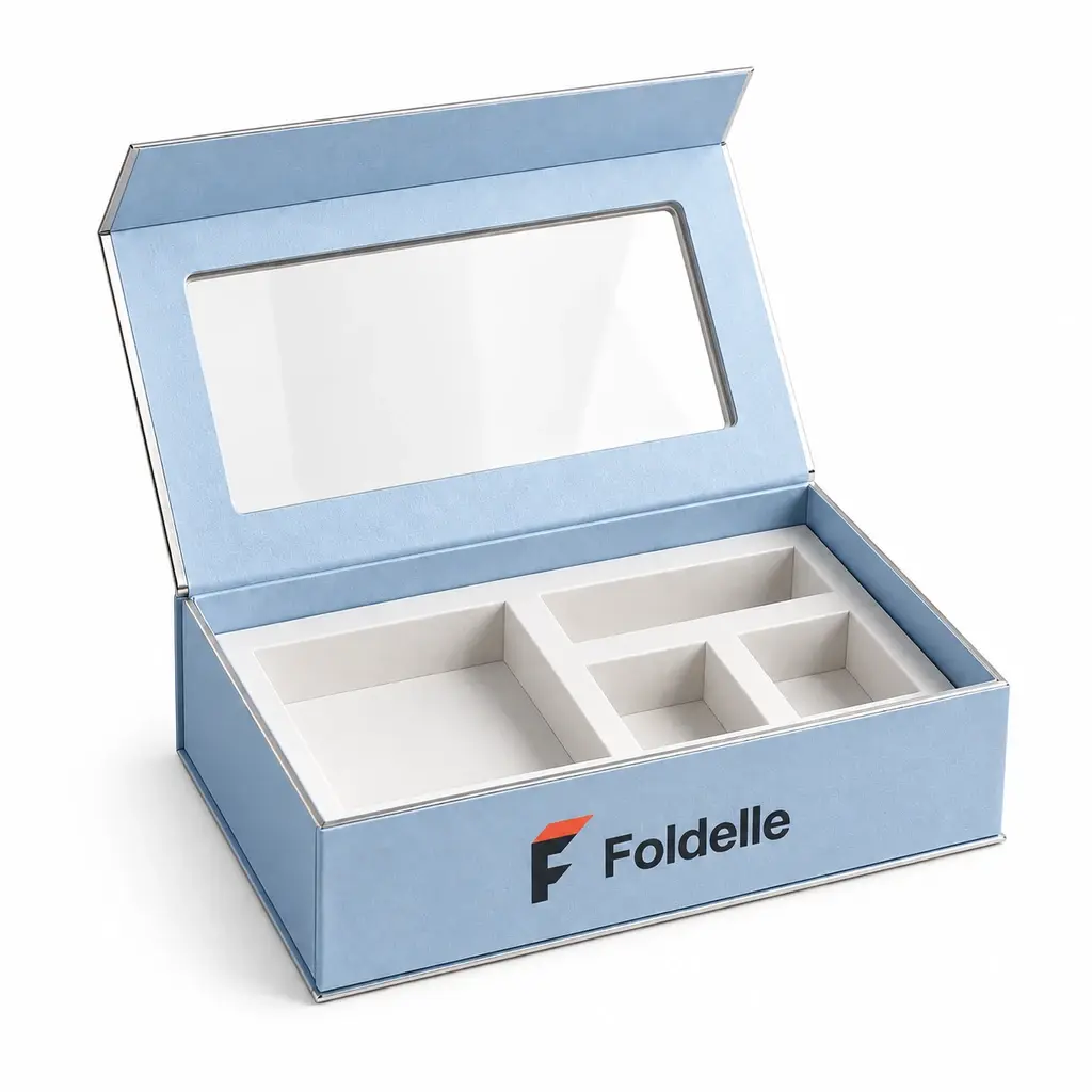 powder blue and white magnetic flap box with inset lid window with Foldelle logo printing on a white background