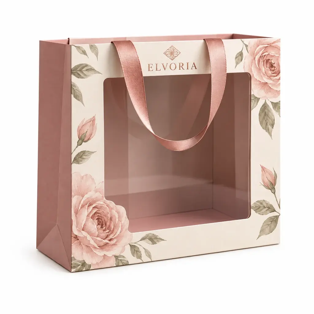 rose and cream rectangular bag with front display window with ELVORIA logo printing on a white background