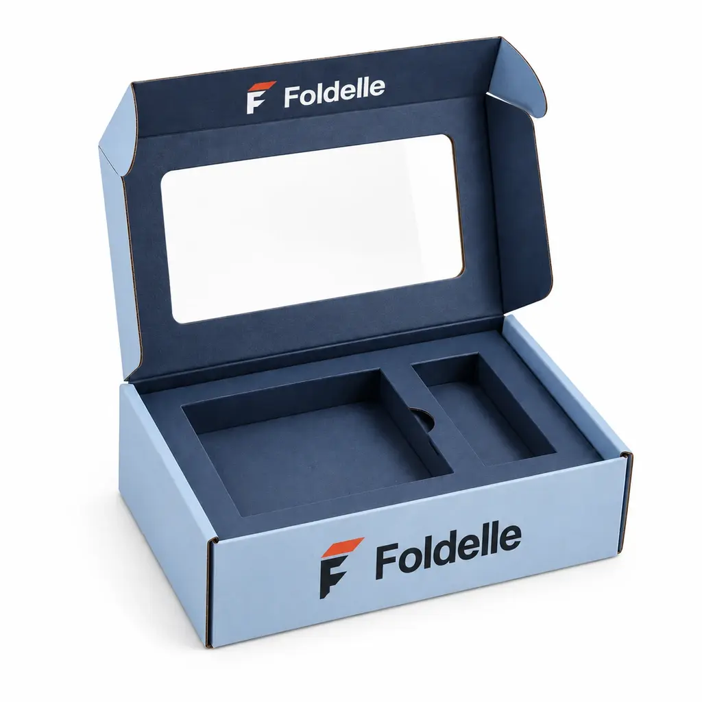 powder blue and navy hinged mailer with inset viewing window with Foldelle logo printing on a white background