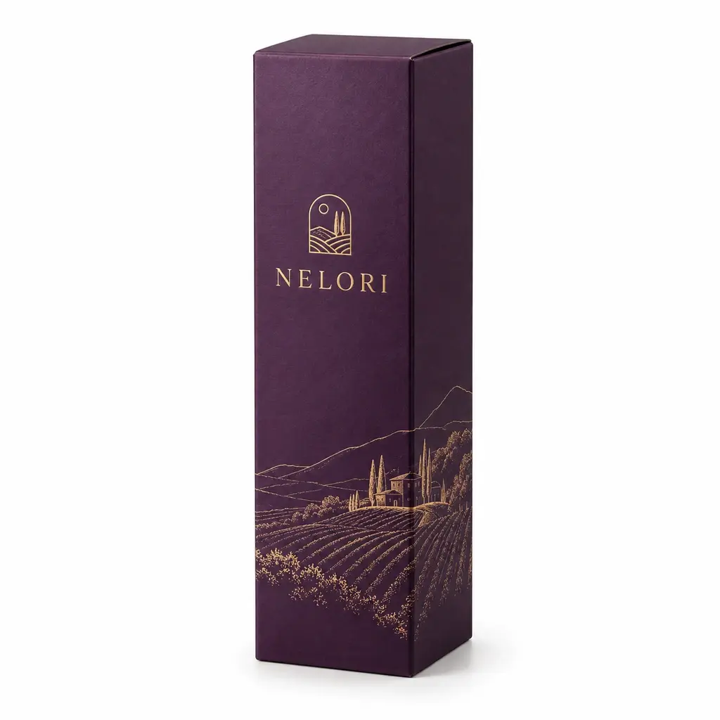 deep purple and pale gold tall bottle carton with auto-lock base with NELORI logo printing on a white background