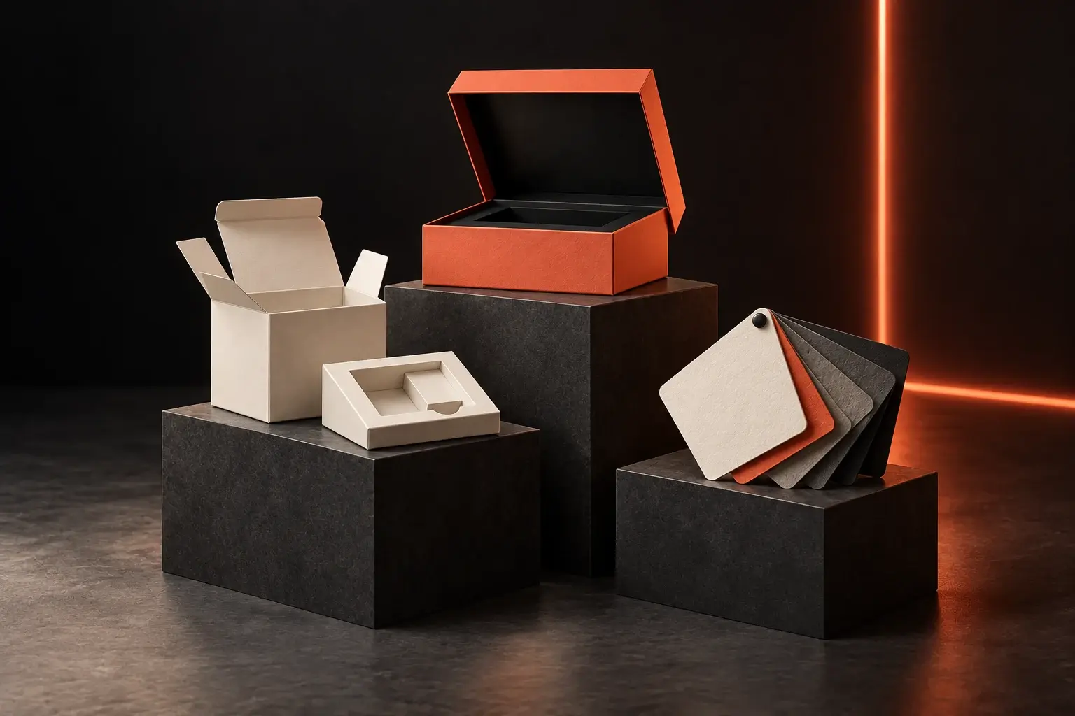 AI-generated packaging consultation concept with an open coral rigid box, ivory carton, fitted insert and paper swatches on charcoal plinths