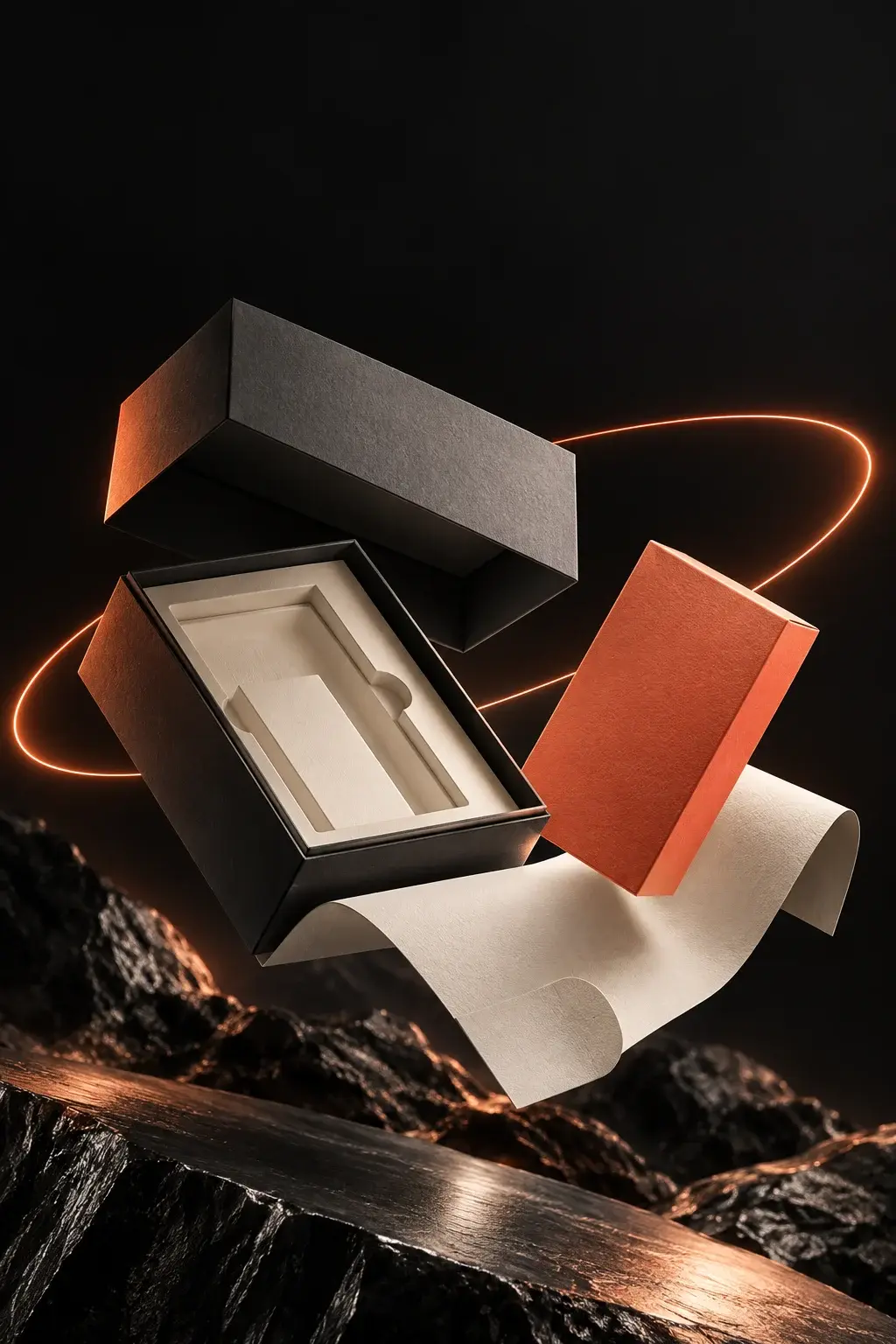 Floating graphite and ivory paper packaging under an orange light ring; packaging concept