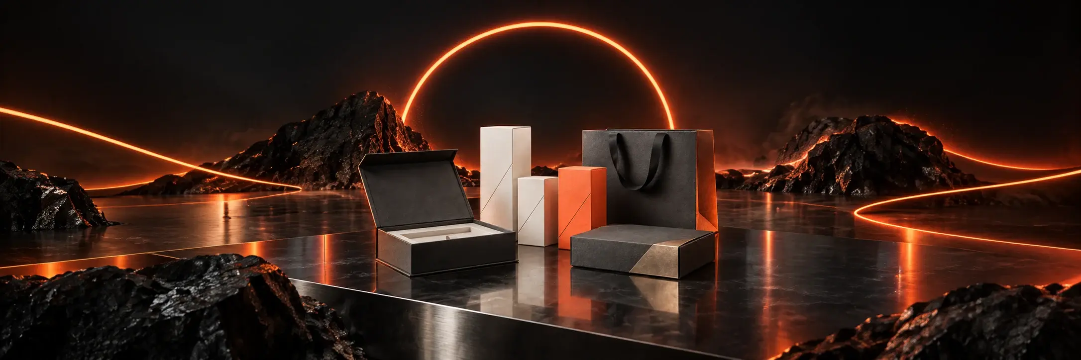 Graphite and ivory custom paper boxes and a shopping bag under coral studio lighting; packaging concepts
