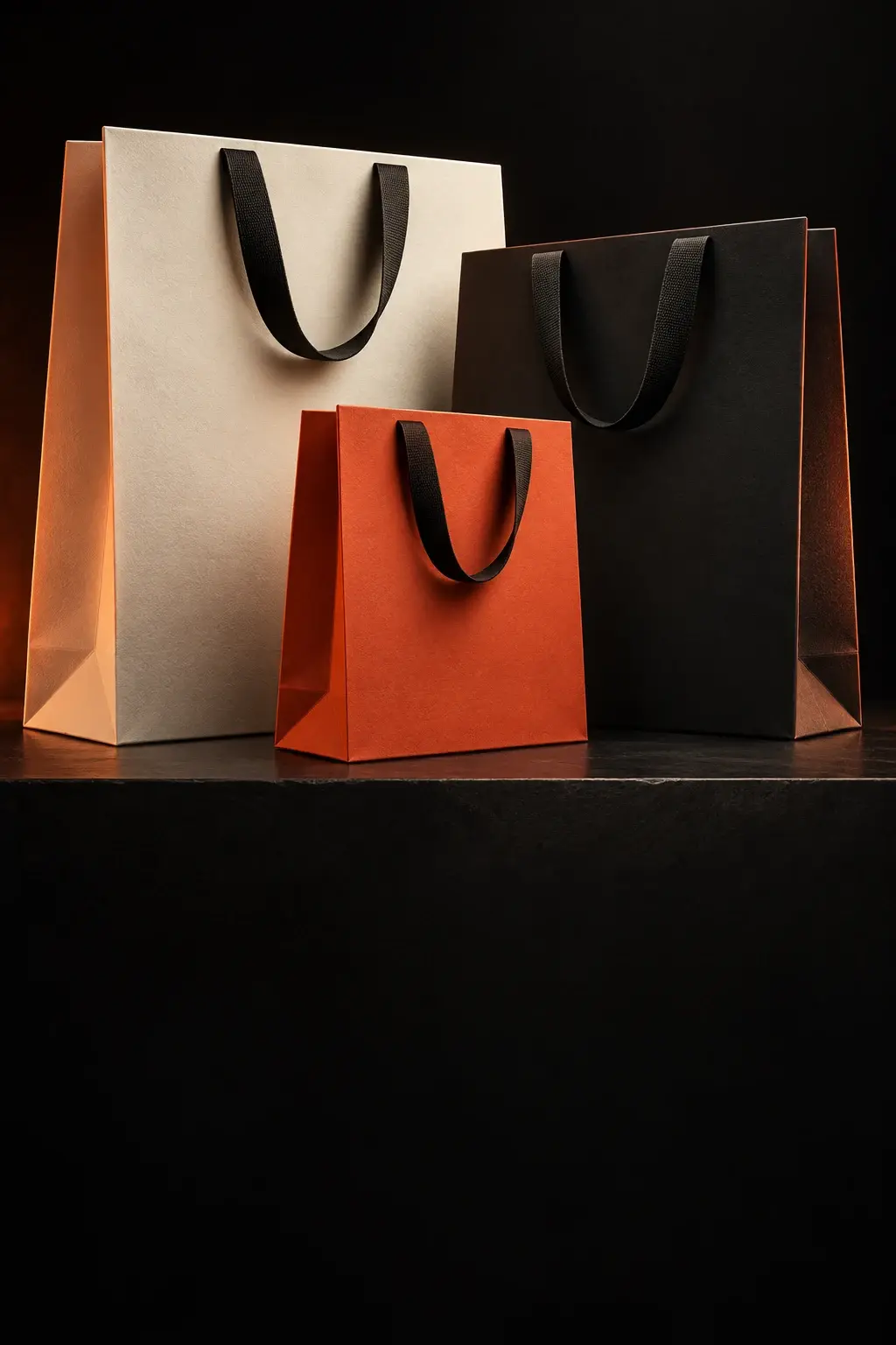 Ivory, graphite and orange paper shopping bags with woven handles