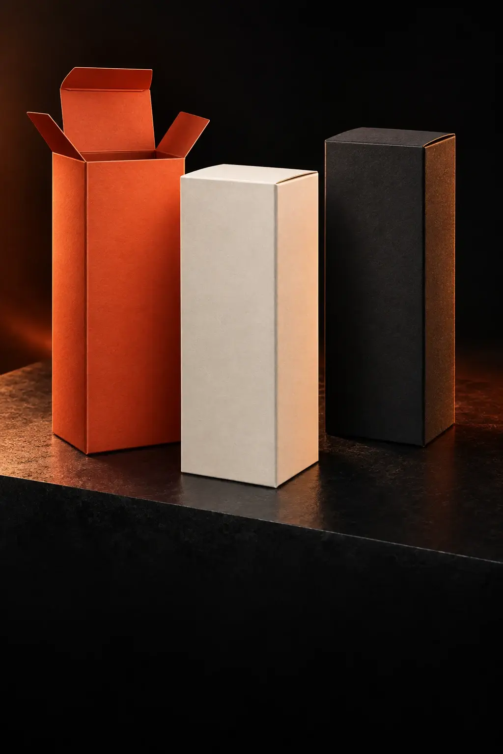 Orange, ivory and graphite folding paper cartons with precise tuck flaps