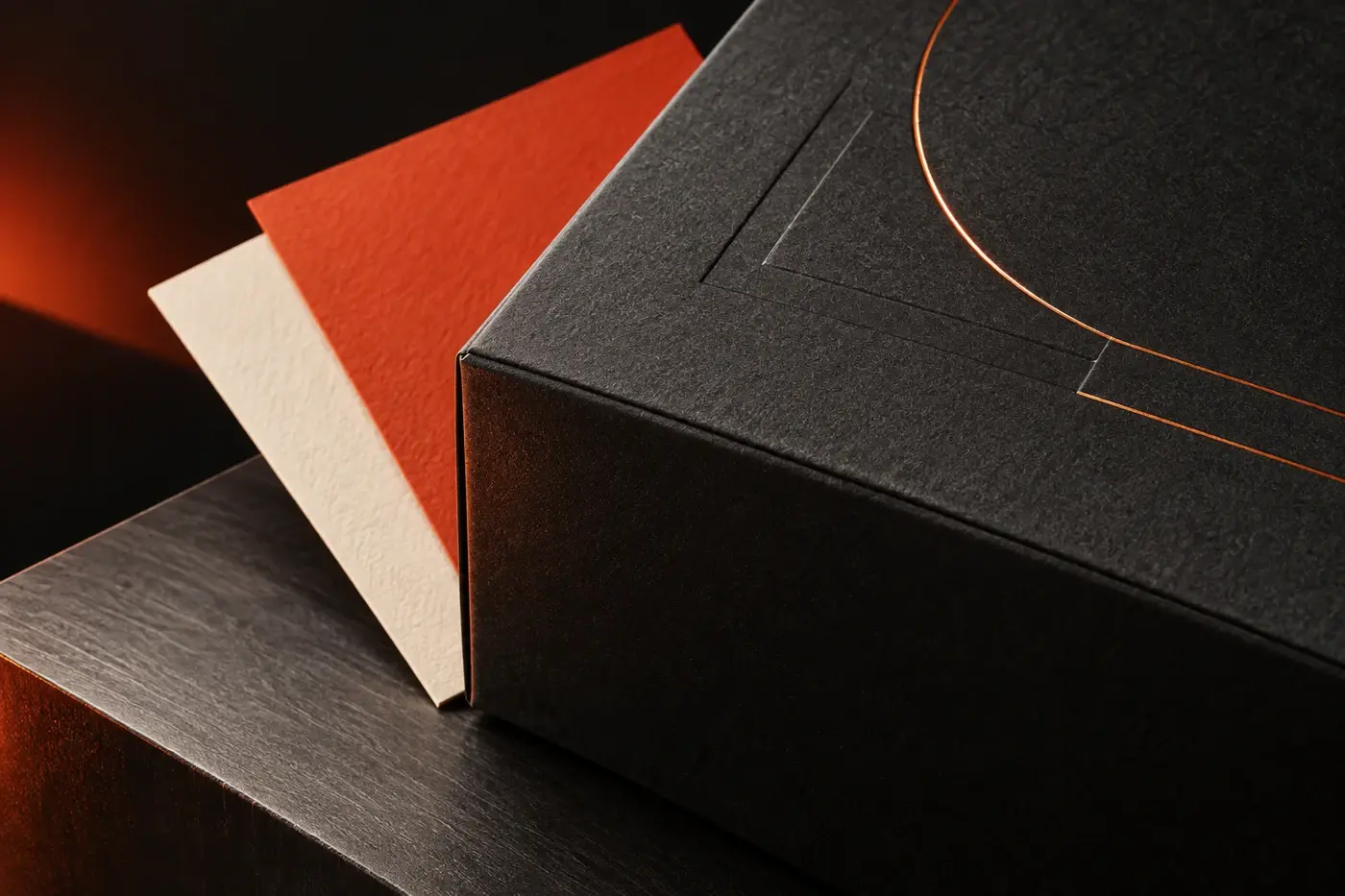 Macro view of textured graphite packaging, copper foil and orange paper swatches