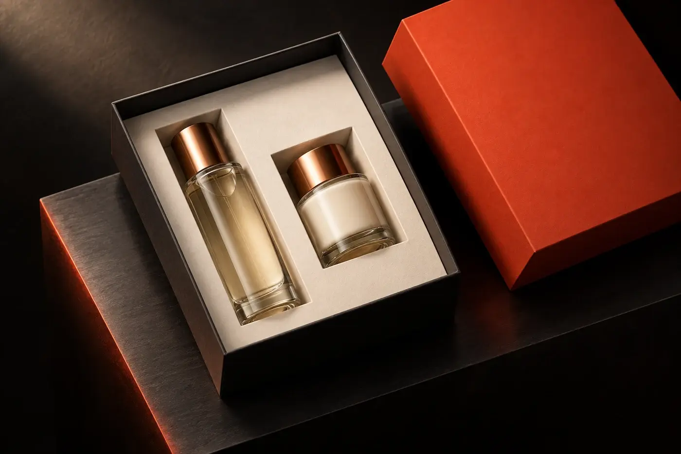 Graphite presentation box with an ivory fitted paperboard insert supporting two cosmetic bottles