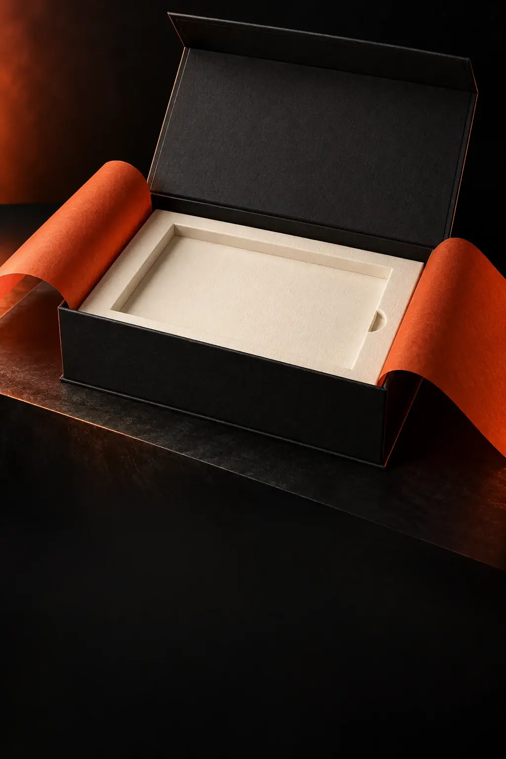 Open graphite magnetic presentation box with an orange interior