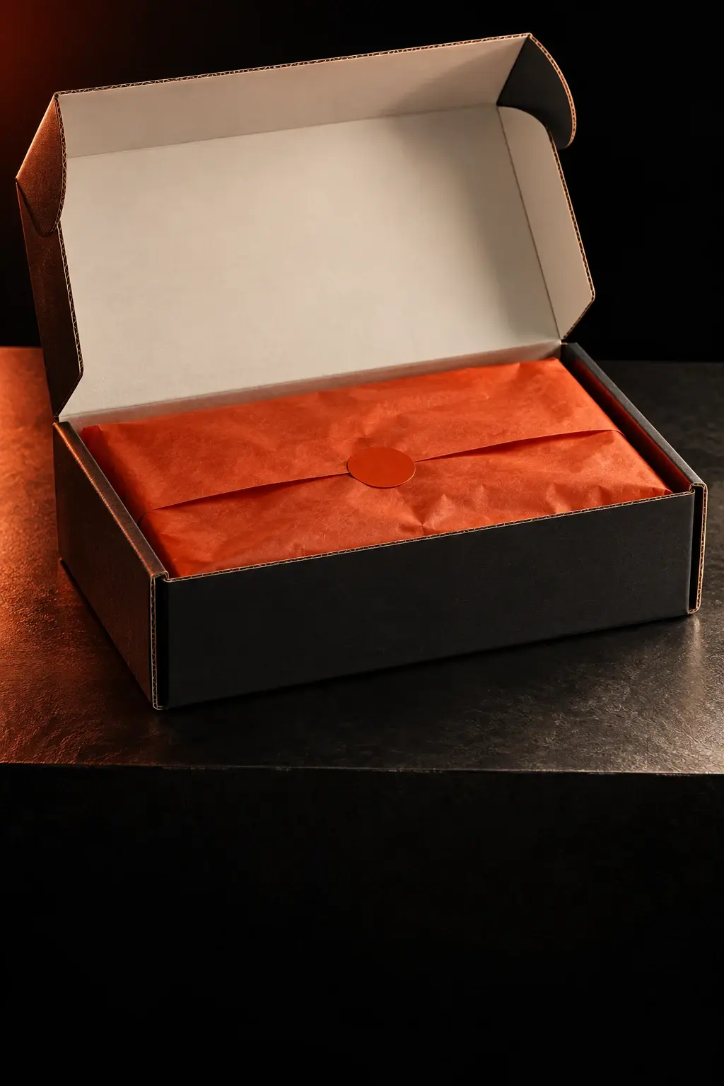 Open graphite corrugated mailer with orange tissue and ivory lining