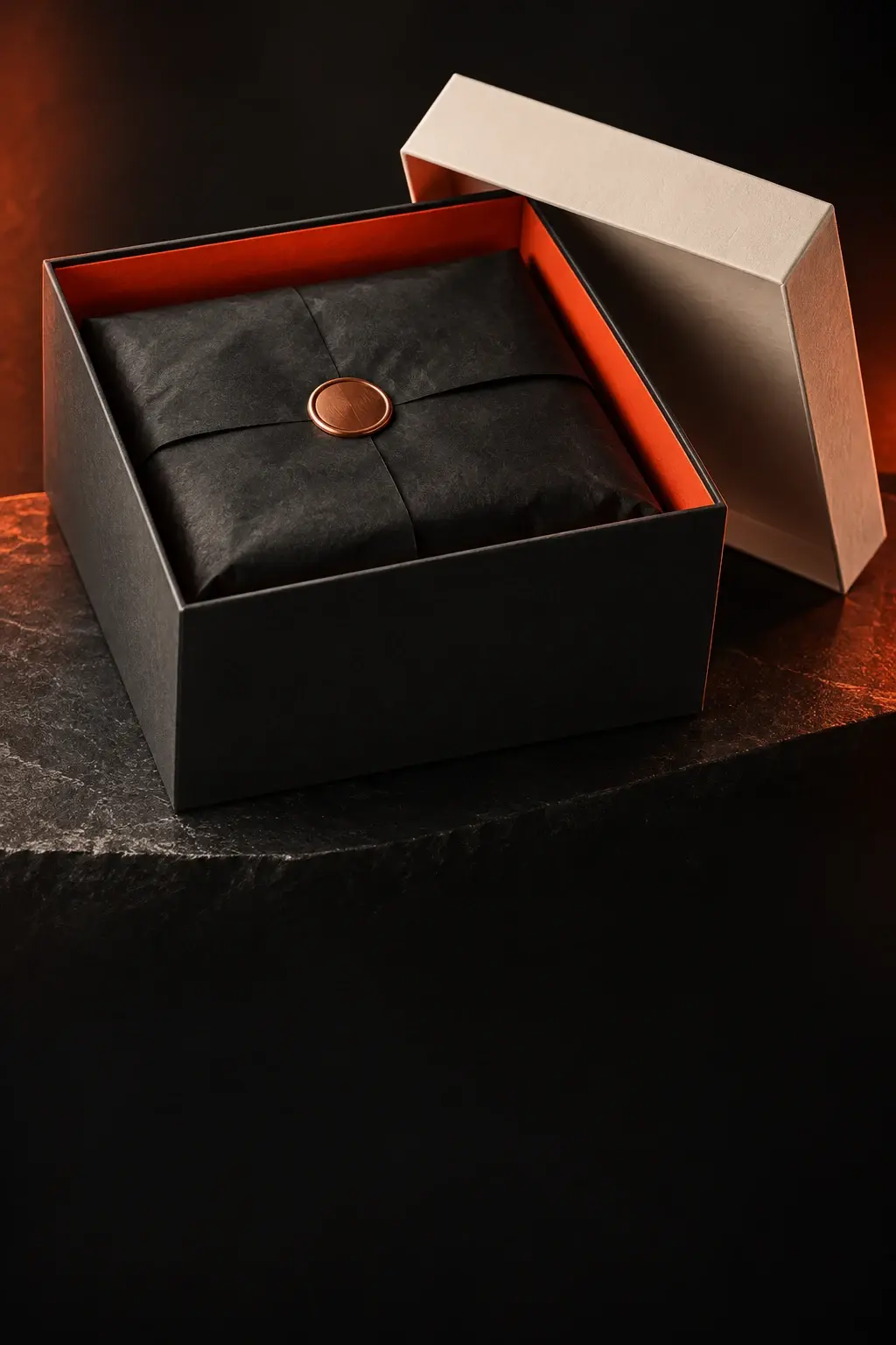 Graphite rigid gift box with ivory lid and orange interior on a dark studio set