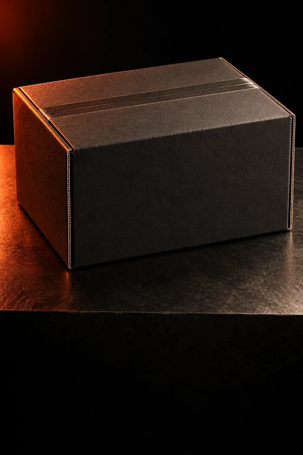 Closed graphite corrugated shipping carton on a dark stone plinth with orange side lighting
