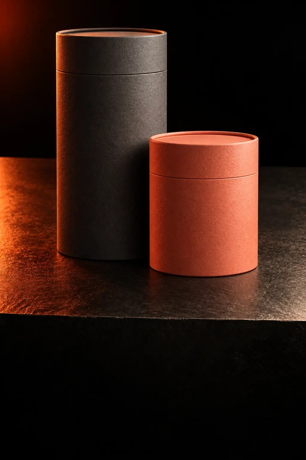 Graphite and coral paper tubes with fitted lids on a dark stone plinth under warm orange lighting