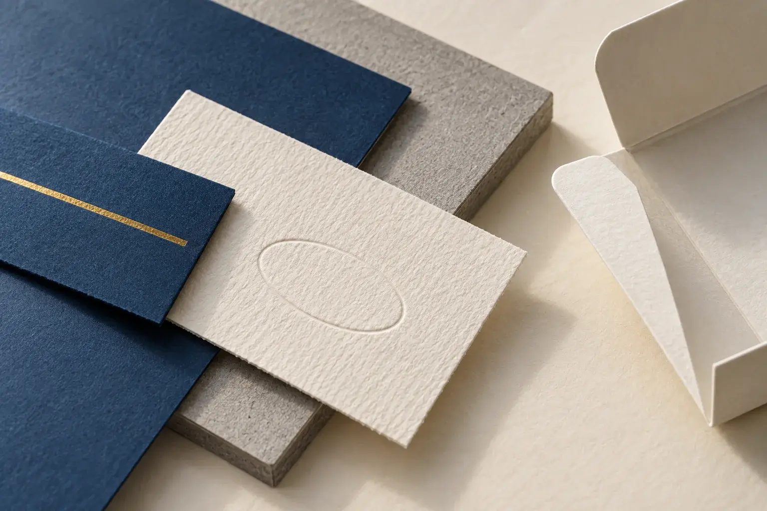 Close-up of solid greyboard, textured ivory paper, blue paper with a gold foil rule, blind embossing and a folded insert corner.