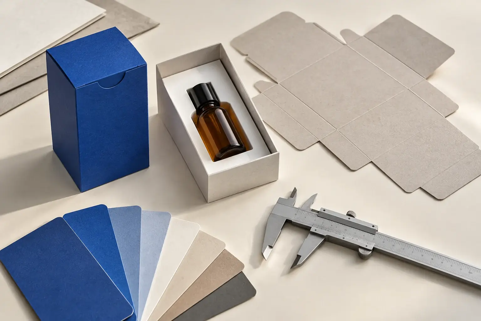 A blue carton, structural sample with fragrance bottle, flat paperboard sample, color swatches and caliper arranged for inspection.