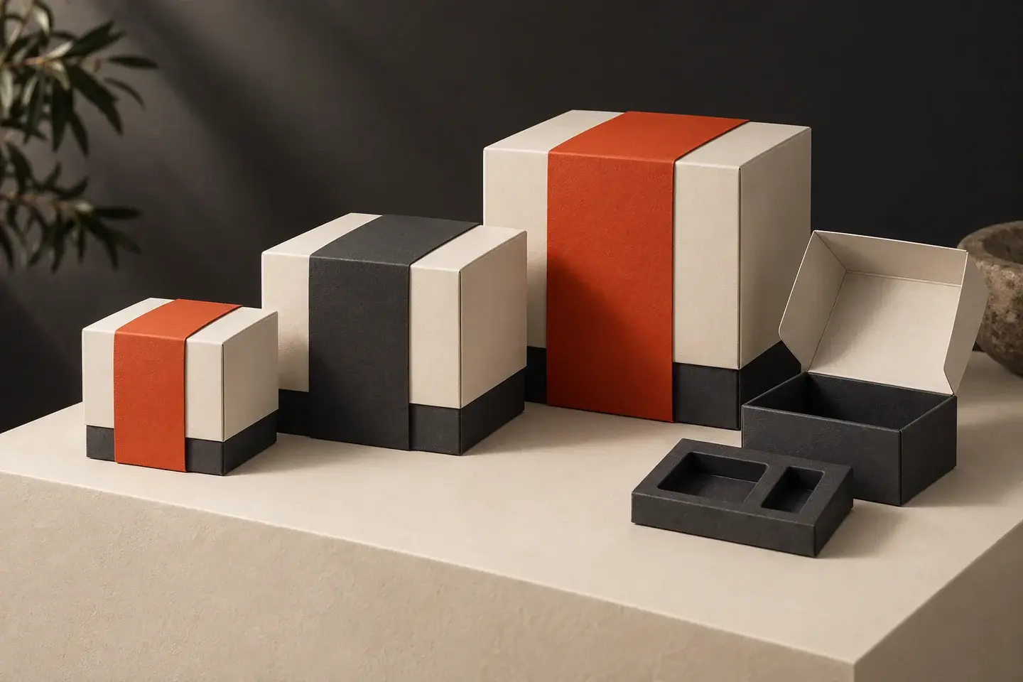 Coordinated small, medium and large ivory and charcoal boxes with orange-red sleeves and a separate insert.