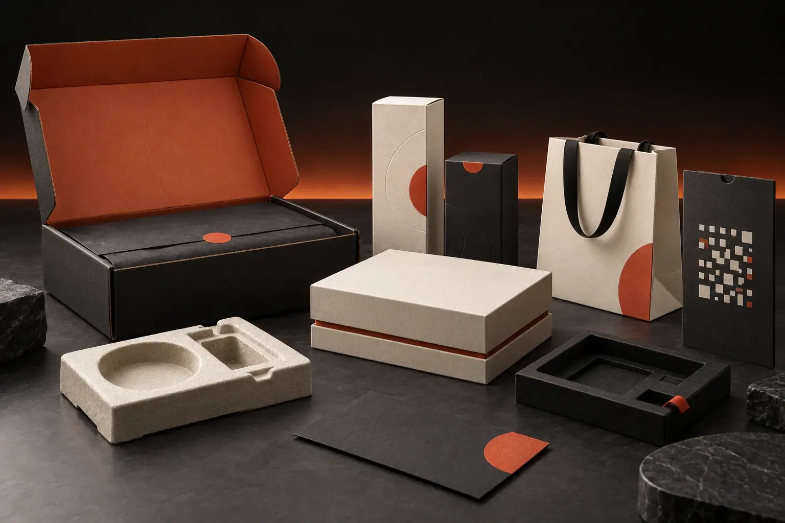 A coordinated family of right-sized black, ivory and orange-red boxes, paper bags and inserts arranged as a forward-looking packaging concept.