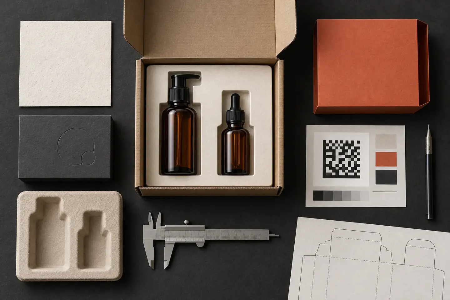 A top-down packaging review with a compact mailer, fitted paper insert, amber bottles, material samples, calipers, dieline and 2D-code test card.