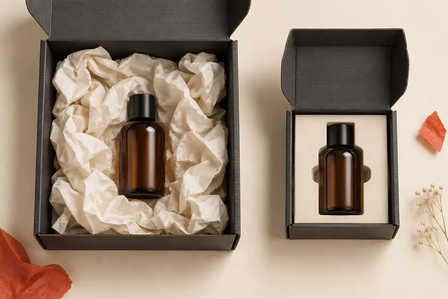 Two box concepts compare loose paper fill in a larger carton with a fitted insert in a compact carton.