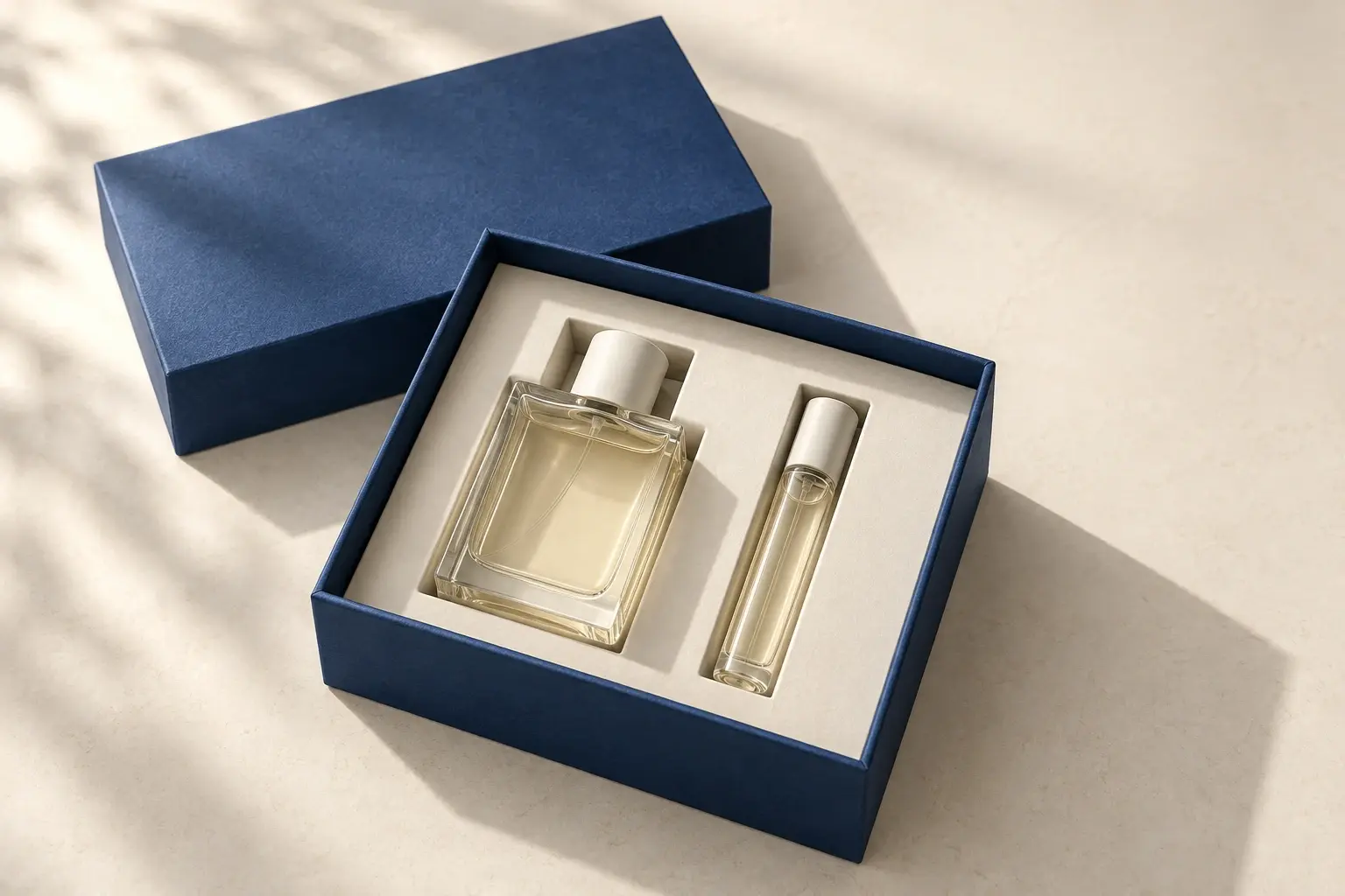 An open blue rigid gift box with an ivory platform holding a fragrance bottle and travel spray.