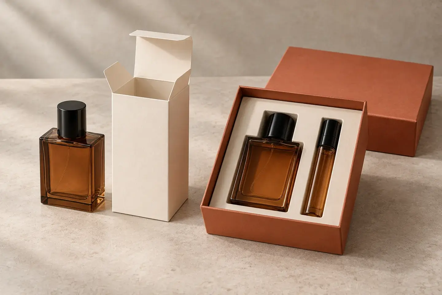 An individual amber perfume bottle beside a folding carton, compared with a rigid gift box holding a bottle and travel spray in a fitted insert