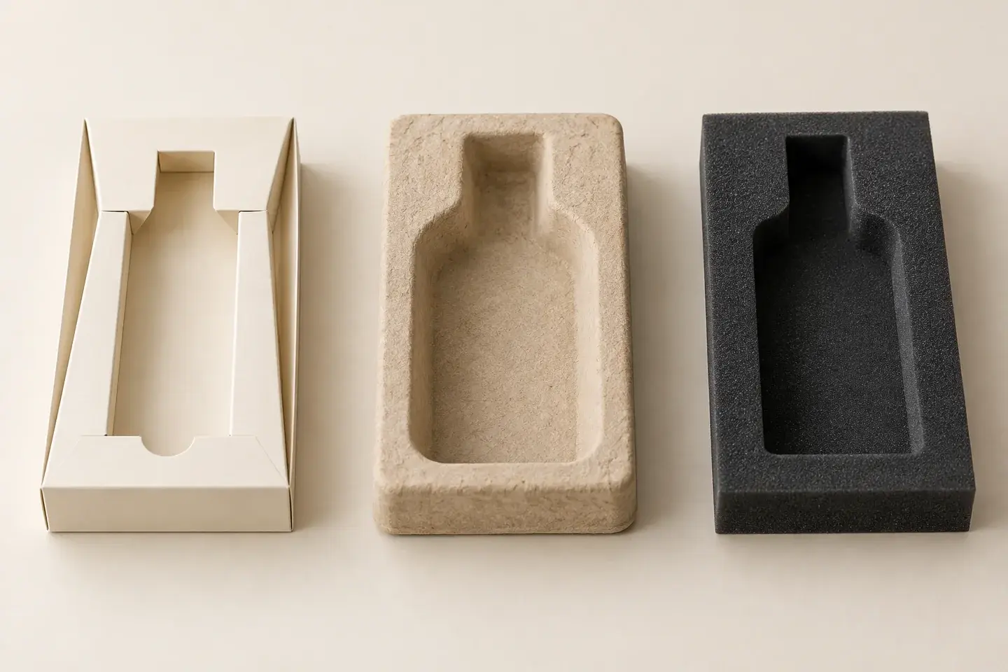 Three bottle insert concepts from left to right: folded cream paperboard, fibrous molded pulp and dark charcoal foam, each with a supported cavity