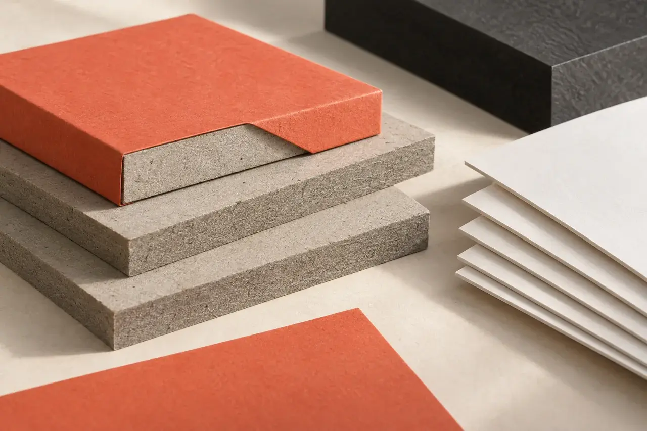 AI-generated comparison of greyboard cores, a coral paper wrap and white paperboard sheets