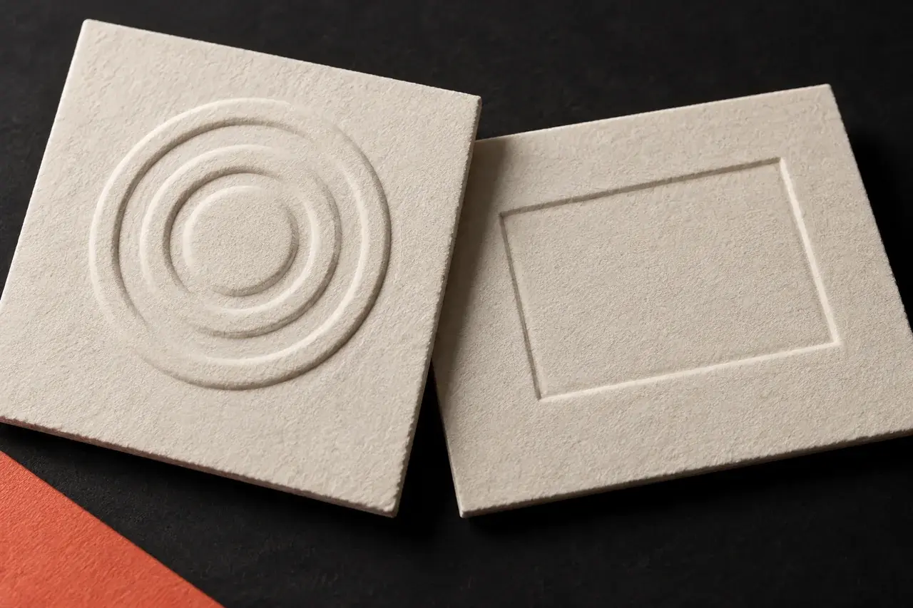 AI-generated ivory samples with raised circular and recessed rectangular paper details