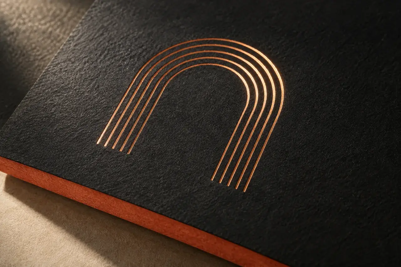 AI-generated copper foil arch on tactile charcoal paper