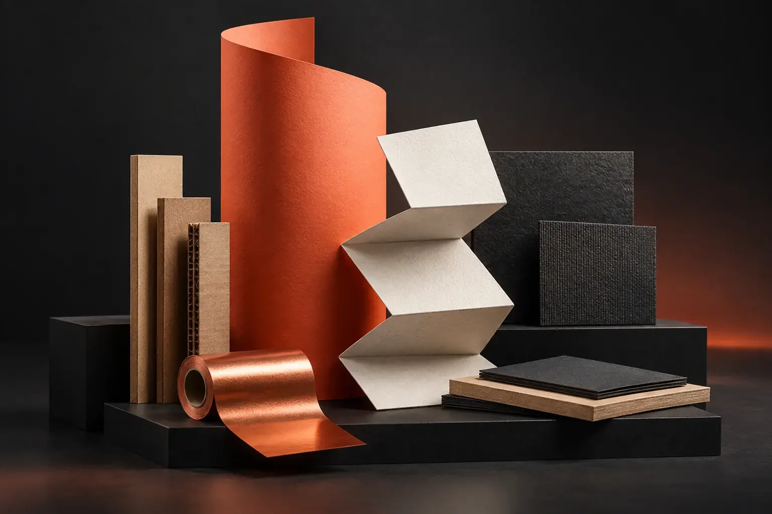 AI-generated sculptural study of coral paper, ivory folds, board and copper foil