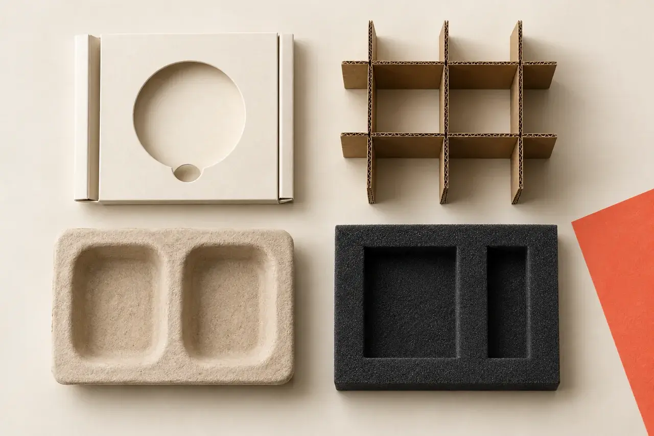 AI-generated examples of folded paperboard, corrugated divider, molded pulp and foam inserts
