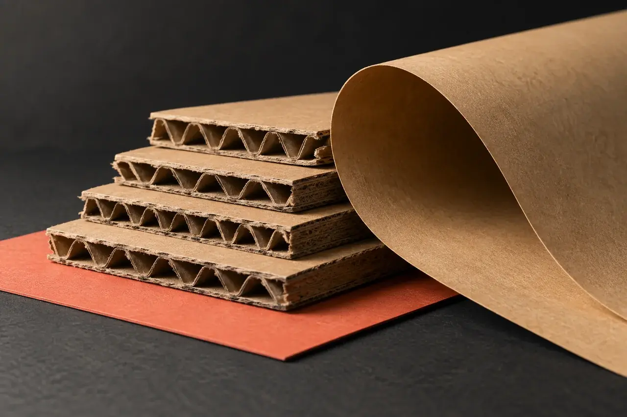 AI-generated close-up of kraft paper and corrugated board showing flute cross-sections